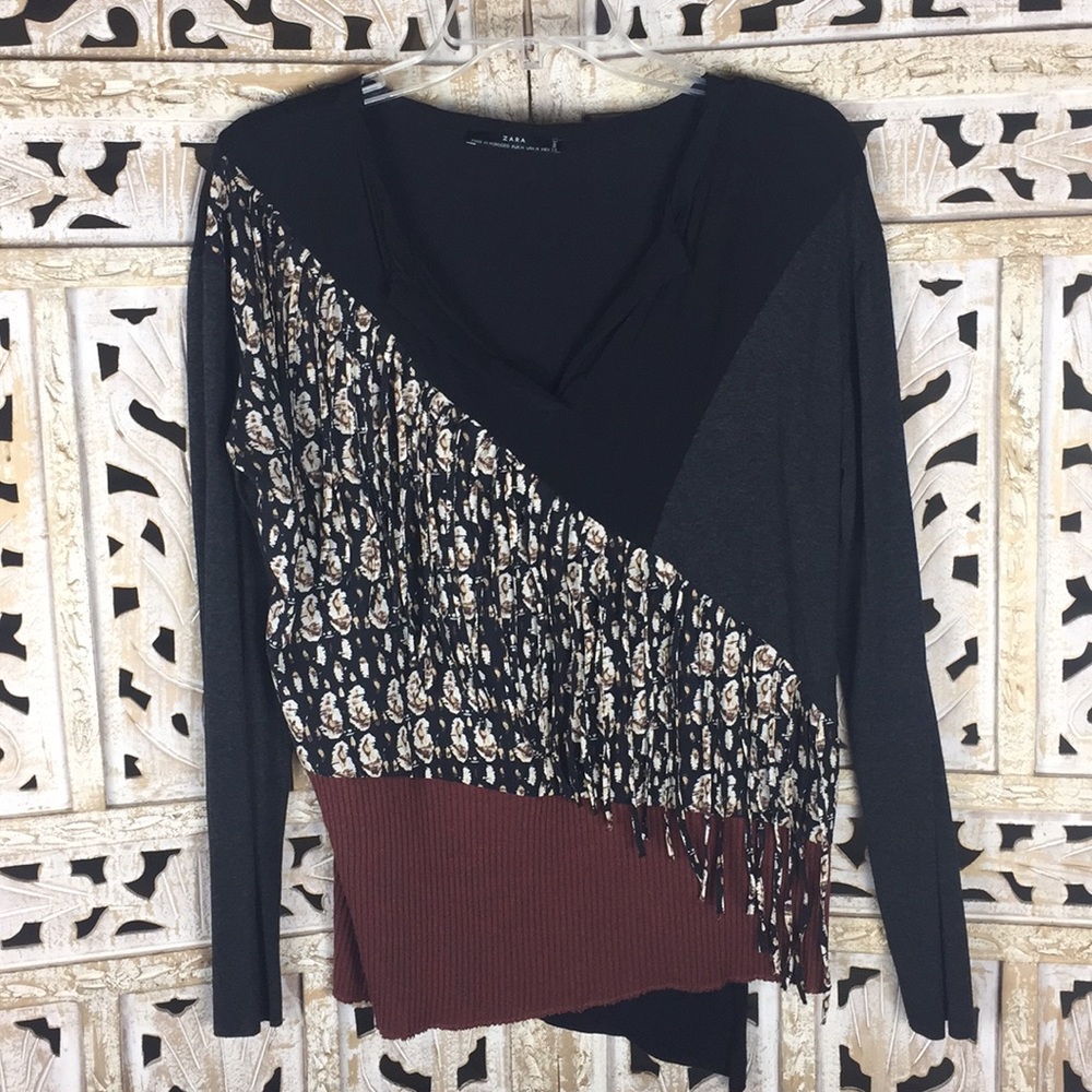 Zara Fringed Colorblock Patchwork Pullover Top - image 1